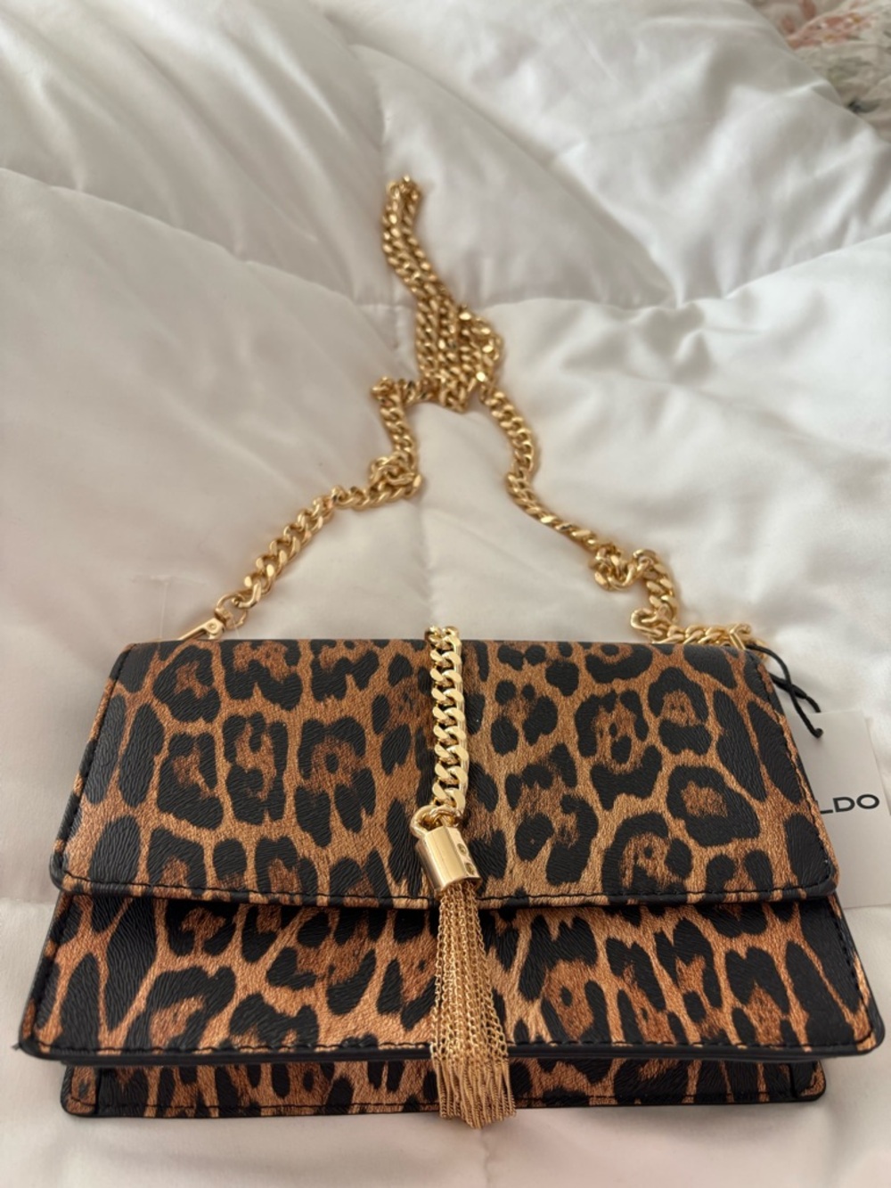 ALDO Leopard Print Crossbody with Gold Chain Tassel - Brown/Black - Picture 2 of 3